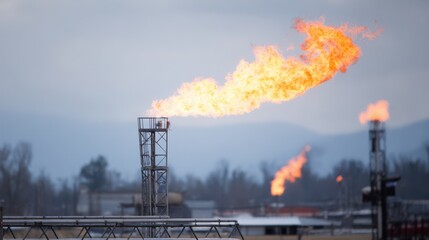 Close medium shot of gas flare system burning off excess methane at regional landfill illustrating emission control practices.