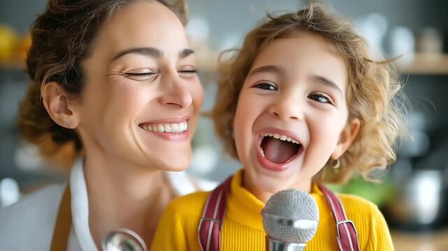 Latina mother and daughter laughing while singing with spoons in a bright modern kitchen, Latina family singing fun, kitchen utensil microphone, mother daughter bonding, modern hom
