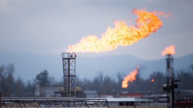 Close medium shot of gas flare system burning off excess methane at regional landfill illustrating emission control practices.