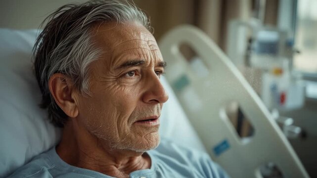 A man in a hospital bed looking thoughtful and concerned. The scene suggests a feeling of quiet contemplation in a sterile environment