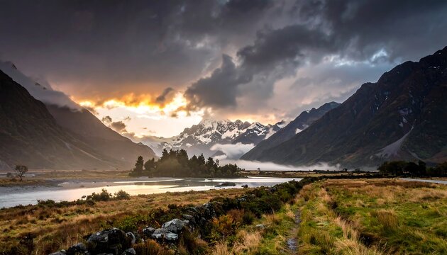 Majestic mountain valley at sunrise.  Vast, dramatic landscape with rugged peaks,  a serene river, and a colorful sky