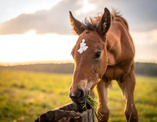 Obraz premium Close-up of a young foal grazing. A light brown foal, with a white blaze, eats grass from a log. Golden light bathes the field