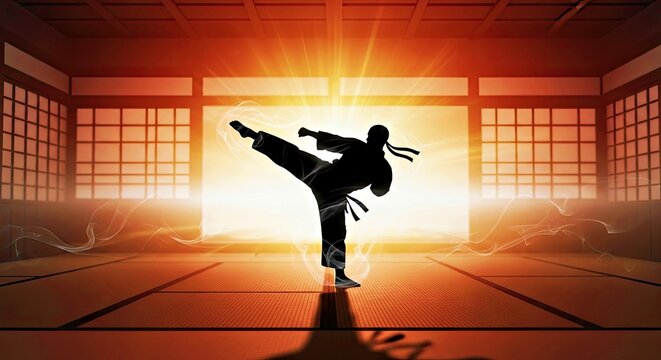 Martial Arts Silhouette: A dynamic silhouette of a martial artist executing a high kick in a traditional training dojo, capturing the essence of power and discipline.