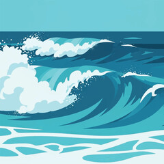Stylized illustration of powerful ocean waves crashing with white foam under a clear blue sky.