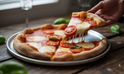 Hand lifting a slice of pizza with melting cheese, tomatoes, and basil. Pizza on metal plate
