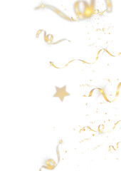 Gold confetti and curling ribbons with glowing stars, festive decoration isolated on transparent background, celebration sparkle and luxury party design element