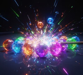 Colorful pool balls shattering with vibrant, sparkling energy on a reflective surface