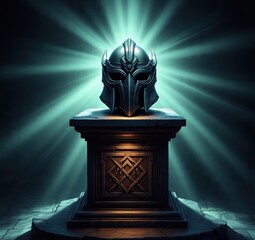 Detailed rendering of a dark, ornate helmet resting on a stone pedestal with a glowing light emanating