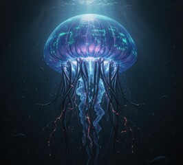 Digital jellyfish swims in deep sea, glow emits light and lines. Detailed design