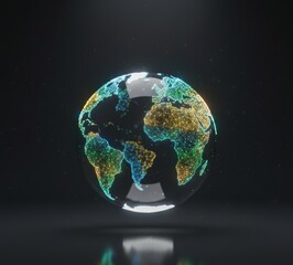 Digital globe showing global connectivity and data visualization, shining on a dark background