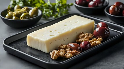 Fresh white cheese block served on dark plate with red grapes, walnuts and green olives. Mediterranean appetizer platter for wine tasting or gourmet snack.