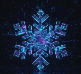 Digital snowflake graphic with intricate circuitry design and glowing blue and purple hues on dark background