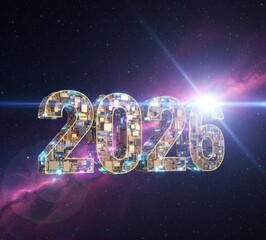 Digitally crafted 2026 number set with circuit board design set against cosmic background