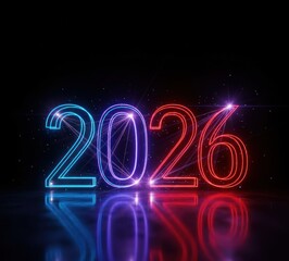 Digitally rendered 2026 number design glowing with neon light on a reflective surface