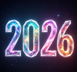 Digitally rendered, gem-like 2026, filled with vibrant nebula effect, set against a starfield