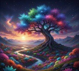 Fantasy landscape featuring a vibrant rainbow tree, river, flowers, and a mystical sunset