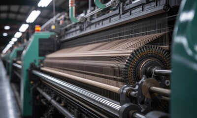 Industrial textile machine in a factory setting, weaving thread on a large loom
