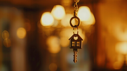 Symbol of new home - key with house on ring in golden light. House key hanging on hook, real estate and home buying concept