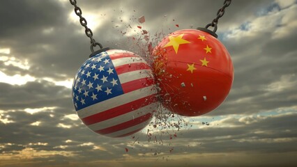 USA and China trade war concept with wrecking balls smashing together in dramatic political conflict