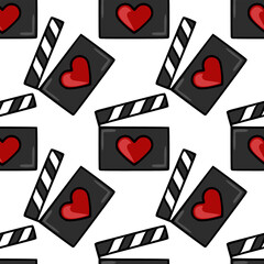 Seamless vector pattern of clapperboards with red hearts, perfect for romantic film themes.