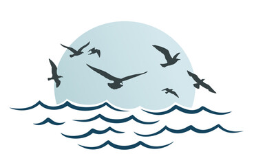 The seascape with a flock of birds.
