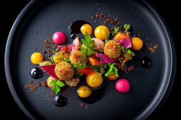 Stunning gourmet salad featuring colorful tomatoes, crispy spheres, and balsamic glaze on a sleek black plate, perfect for upscale dining menus and food blog content, a culinary delight