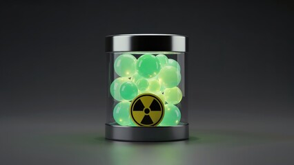 Radioactive spheres glow in a jar, symbol of danger and scientific research in this conceptual representation