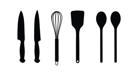 Black silhouette illustration of various kitchen utensils arranged in a row