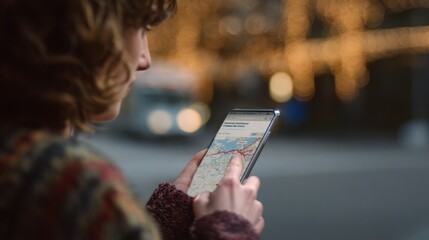 Medium shot of a user interacting with a locationbased advertising app showing dynamic ad content tailored by geotargeting technology.