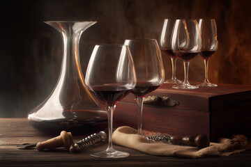 Elegant red wine still life with decanter and glasses on rustic wooden surface, perfect for wine tasting events, fine dining promotions, or sophisticated lifestyle content