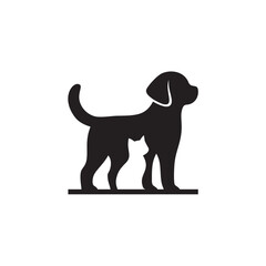 Silhouette of a Dog and Cat Standing Together, Black and White Graphic