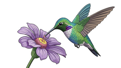 Obraz premium Illustration of a hummingbird drinking nectar from a purple flower with a yellow center.