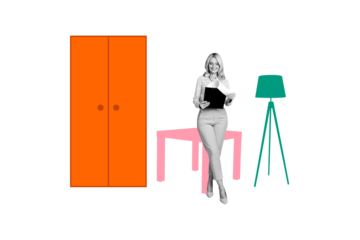 Collage picture banner image of lady realtor selling new apartment flat isolated on painted background