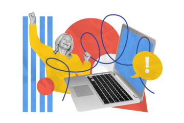 Composite photo collage of old blonde woman receive important macbook notification text box message sign isolated on painted background