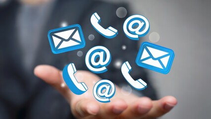 Professional contact methods floating above hand for modern communication and business reach out