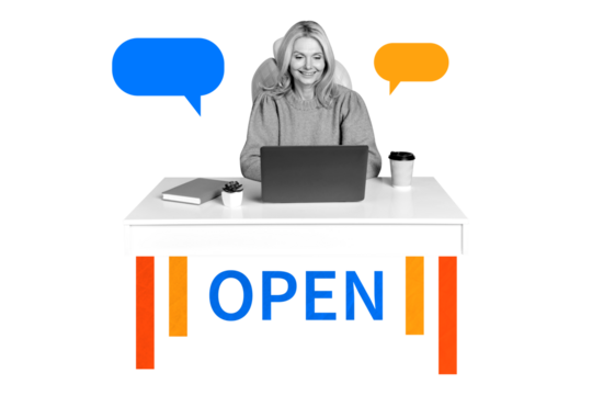 Composite photo collage of happy girl sit table type laptop message book flower pot coffee correspondence isolated on painted background