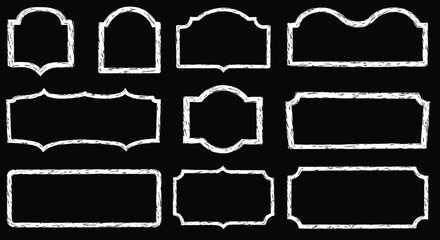 Chalk label frame set, vintage white borders, hand-drawn signage templates, decorative outline shapes, blackboard graphic design, retro vector illustration © Mim's World