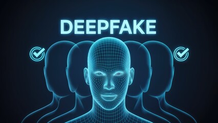 Deepfake concept with digital human head and checkmarks for technology and artificial intelligence