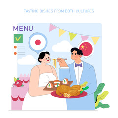 Wedding Couple Sharing Cultural Dishes Vector Illustration
