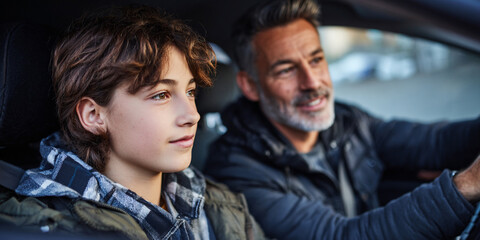 Obraz premium Parent sitting beside teenager in car, guiding and sharing moment of connection and learning