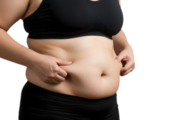 A woman pinching her belly fat isolated on transparent background shows excess weight
