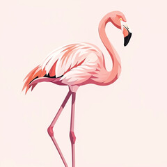 Illustration of a pink flamingo standing on a light pink background.