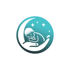 Sleeping Baby on Moon Held by Hand, Stars, Teal Circle Logo
