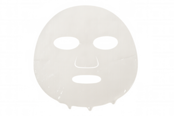 Facial sheet mask with serum dripping, promoting skincare, beauty, and hydration on transparent background