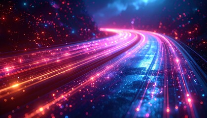 Abstract technology background with glowing light trails and data streams illustrating