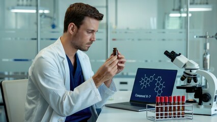Serious scientist analyzes new formula in modern lab with high tech microscope and laptop