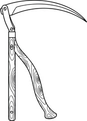 Scythe illustration, vintage farming tool, curved blade vector, wooden handle texture, agriculture equipment, hand-drawn style, isolated on white background