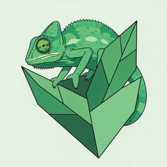 A detailed illustration of a green chameleon perched on a geometric, abstract leaf structure.