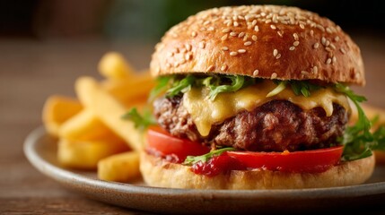Juicy cheeseburger with fresh vegetables and crispy fries served on a rustic table