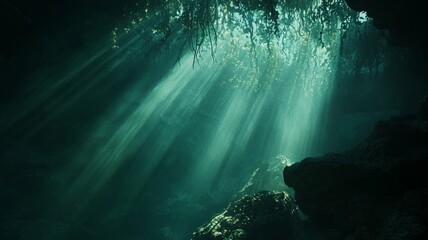 Sunlit coral reef underwater scene. AI image